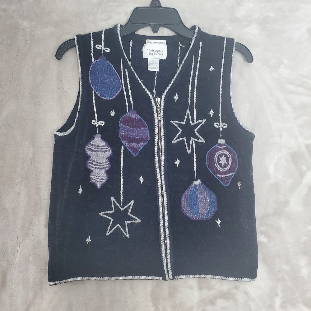 Vtg Christopher & Banks Hand Embroidered Blue Vest Size S Christmas Ornaments